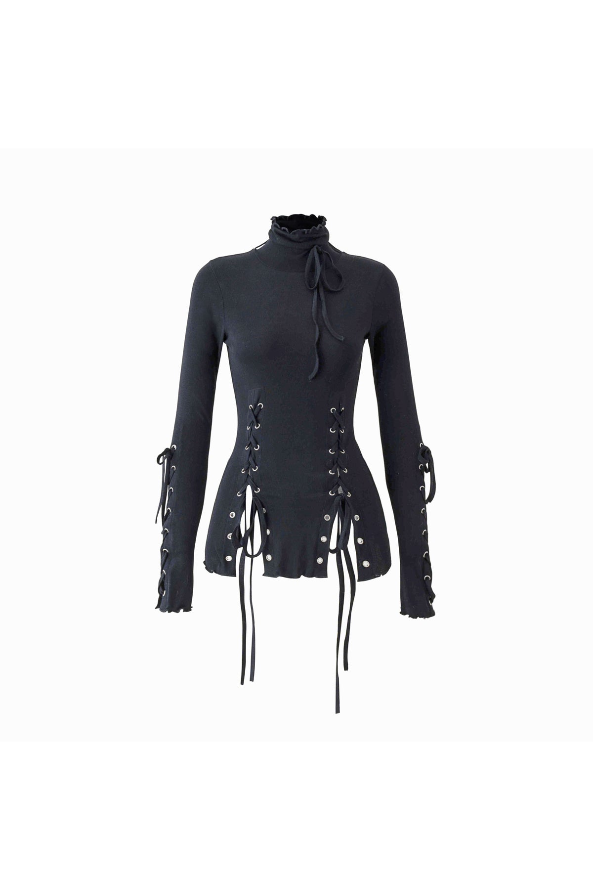 High-Neck Lace-Up Knit Top