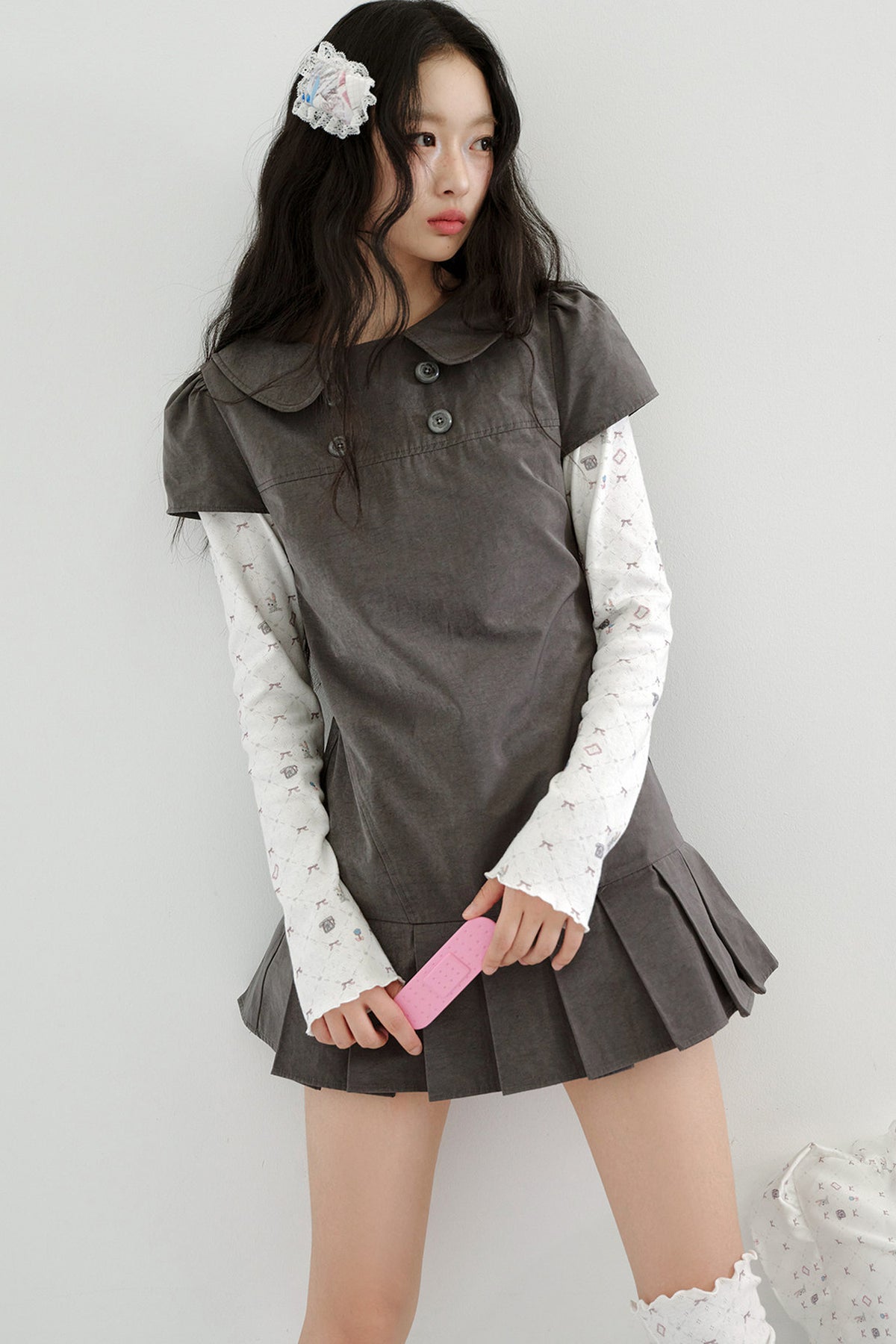 Gray Low-Waist Double-Breasted Patchwork Pleated Dress