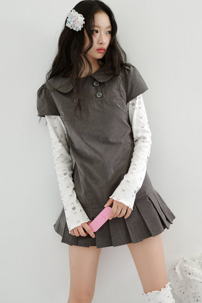 Gray Low-Waist Double-Breasted Patchwork Pleated Dress