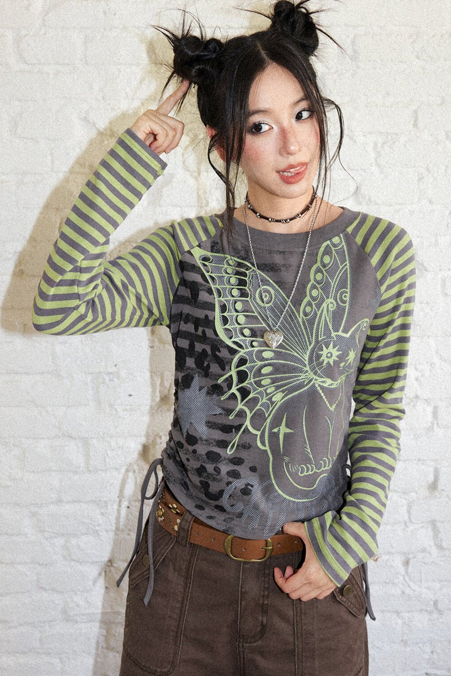 Striped Spliced Raglan Cat Print Top