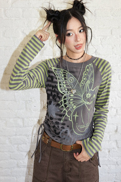 Striped Spliced Raglan Cat Print Top
