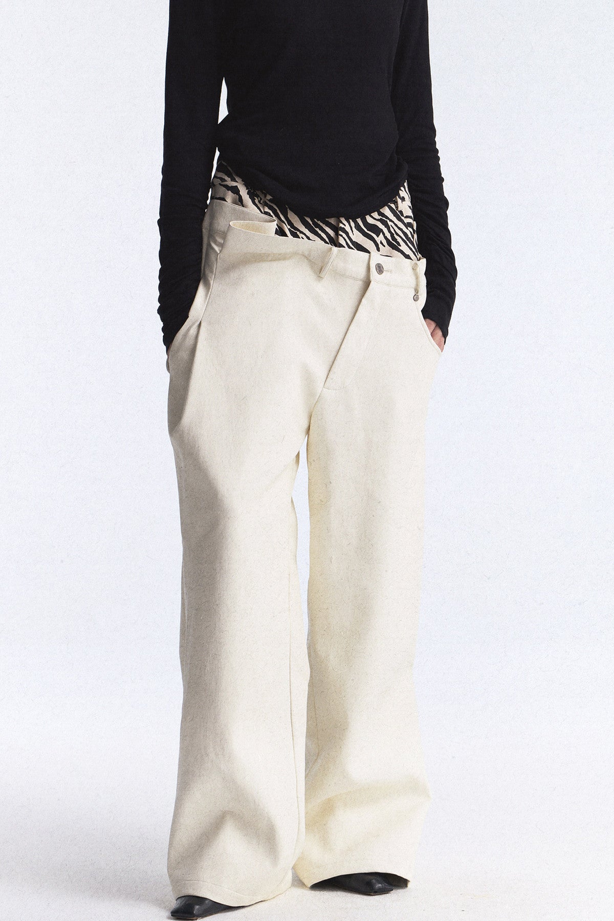 Zebra Print Double Waistband Wide-Leg Pants