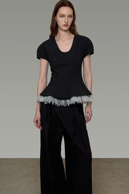 Color-Blocked U-Neck Waist-Cinching Blouse