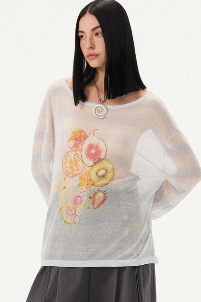 Gestreifte Bluse mit Fruchtprint und asymmetrischer Schulter