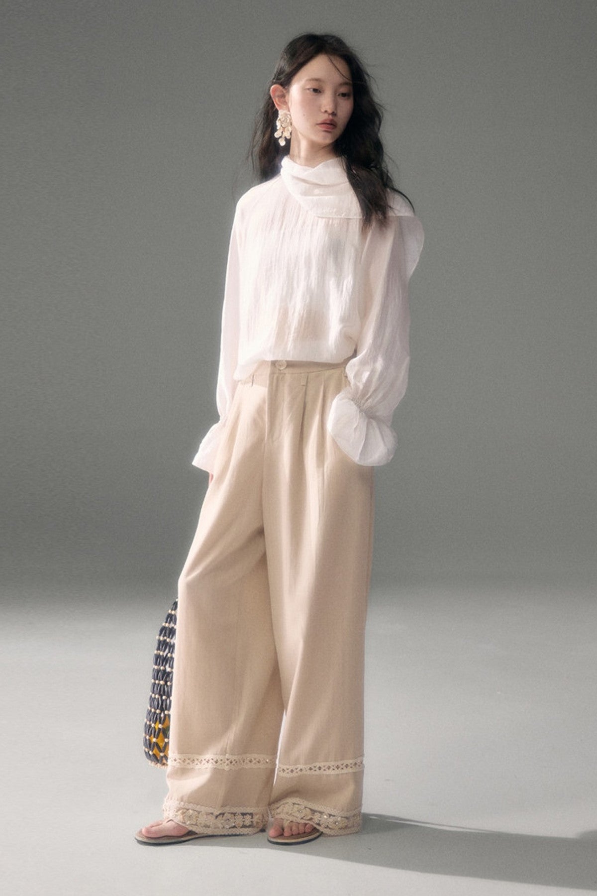Moonlight Shawl Collar Bell Sleeve Shirt Tie-Up Skirt Set-Up