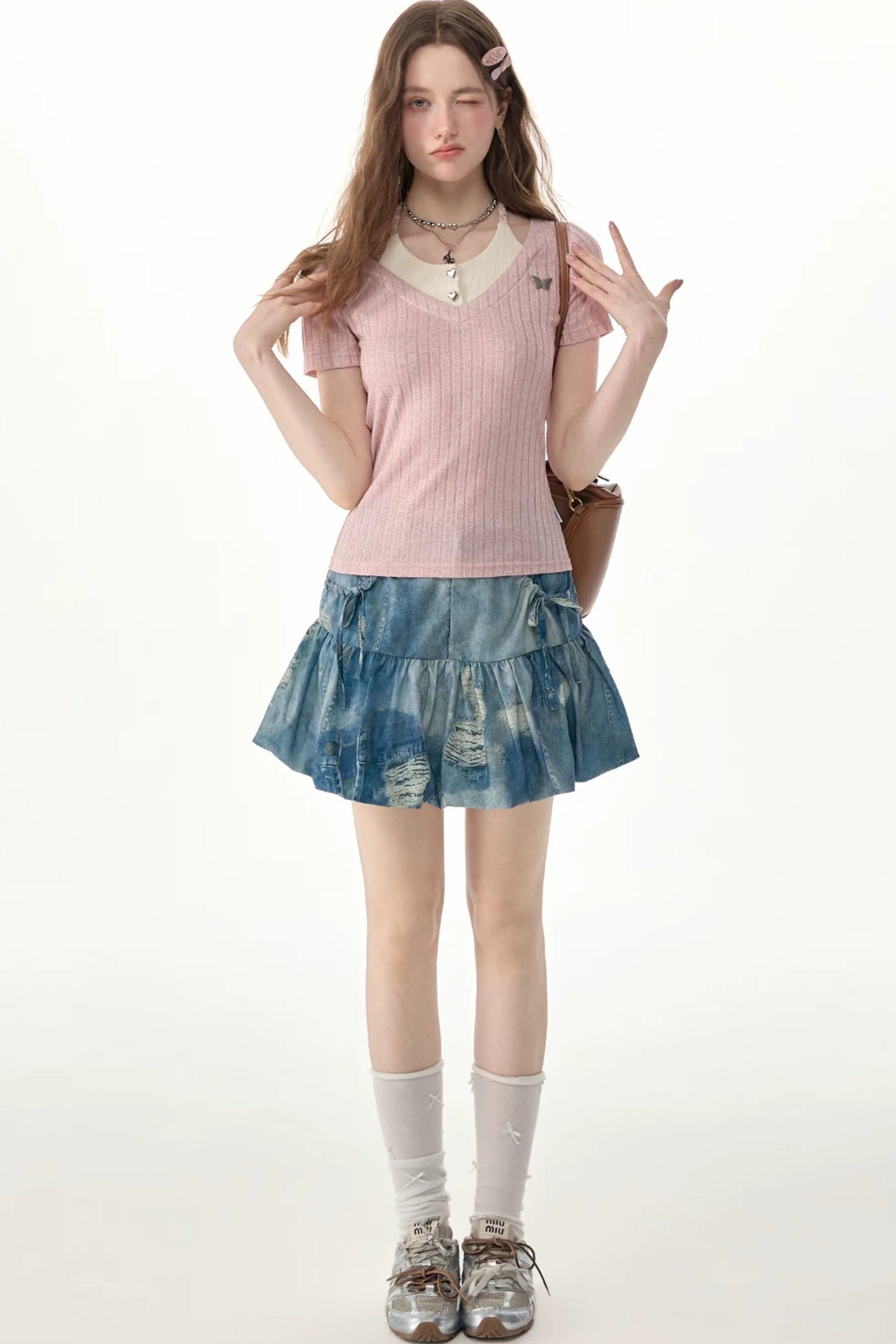 Distressed Puffy Denim Mini Skirt