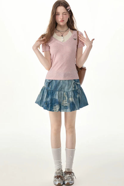 Distressed Puffy Denim Mini Skirt