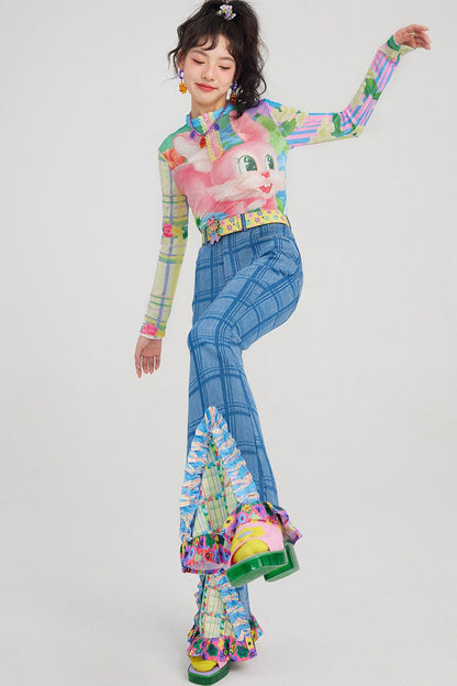 High-Waisted Plaid Patchwork Bell-Bottom Jeans