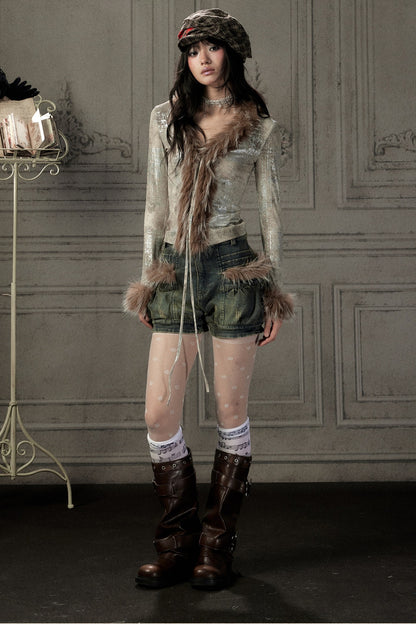 Fur Collar V-Neck Long-Sleeve T-Shirt