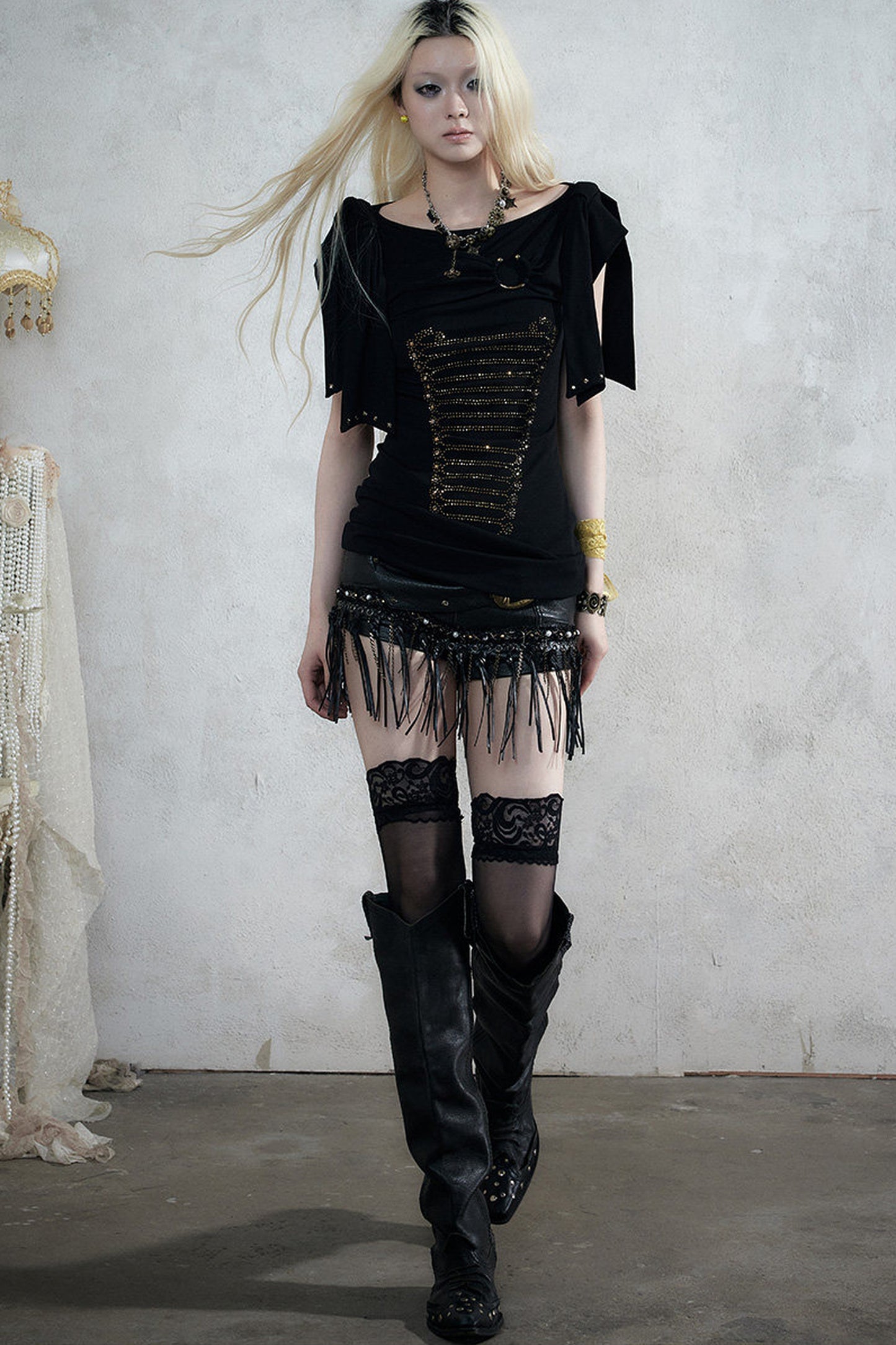 Rhinestone Corset Short-Sleeve Knit Dress