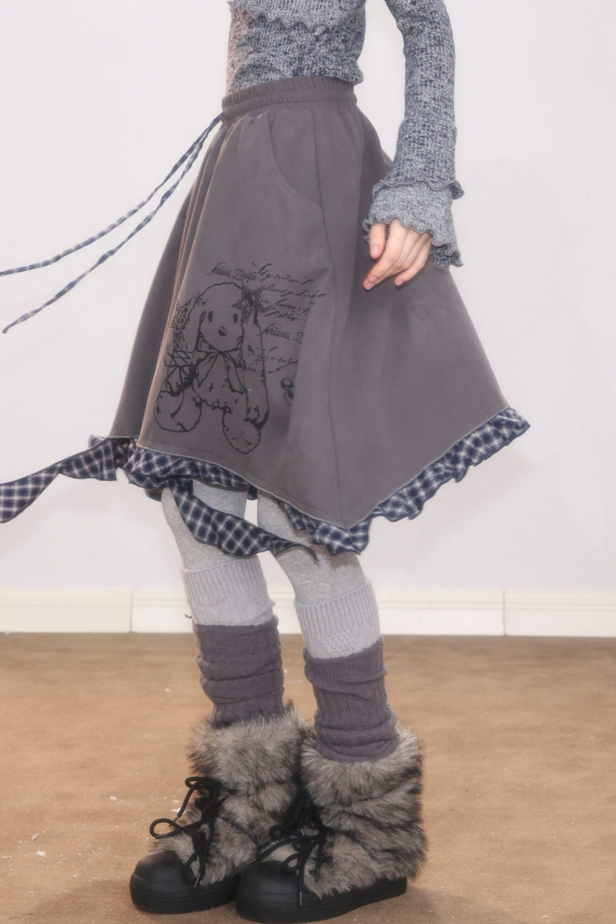 Plaid Graffiti Rabbit Irregular Hem Skirt