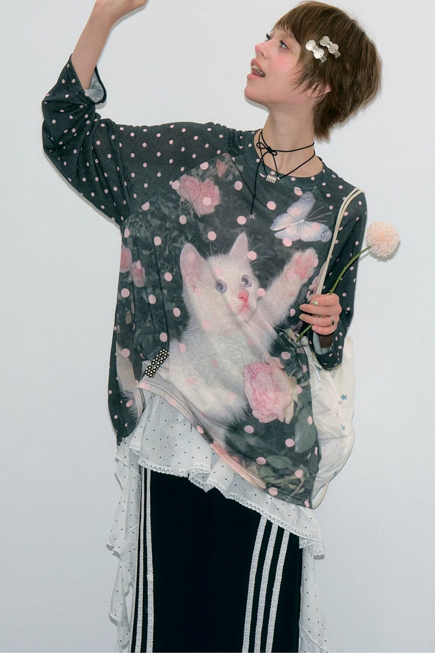 Blouse à imprimé chat et pois