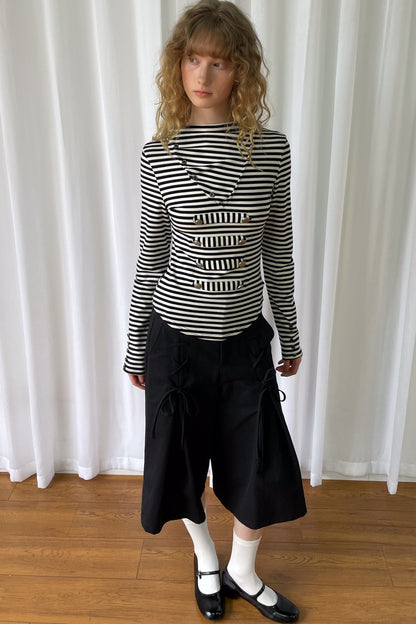 Metal Buckle Striped Knit Hood Top