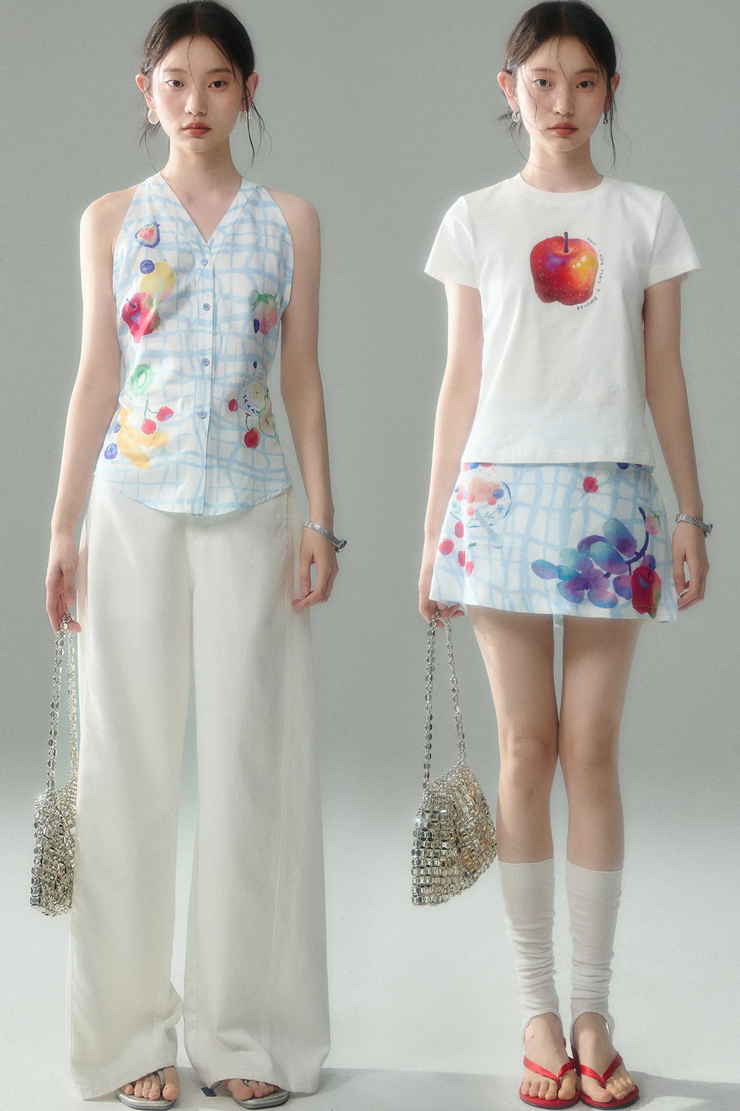 Fruit Print Halter Top and Skirt Set-Up