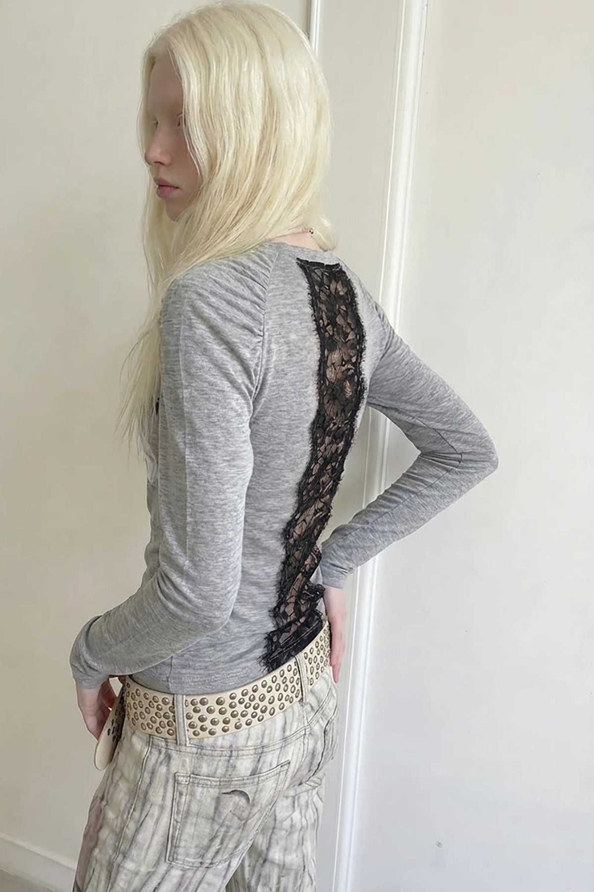 Gray Lace Patchwork Long-Sleeved T-shirt