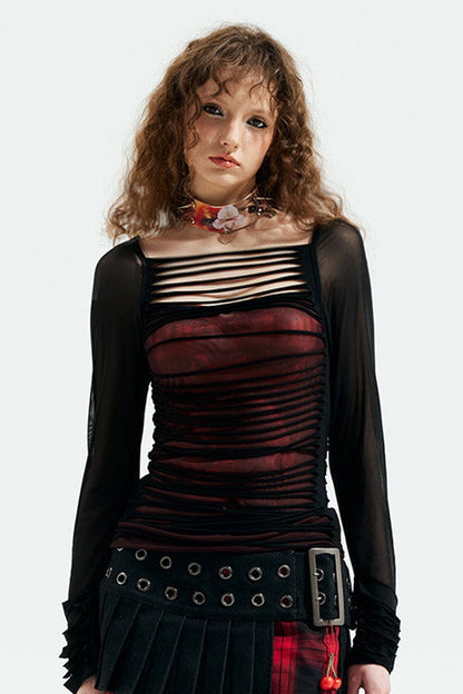 Y2K Long-Sleeve Mesh Cut-Out Top