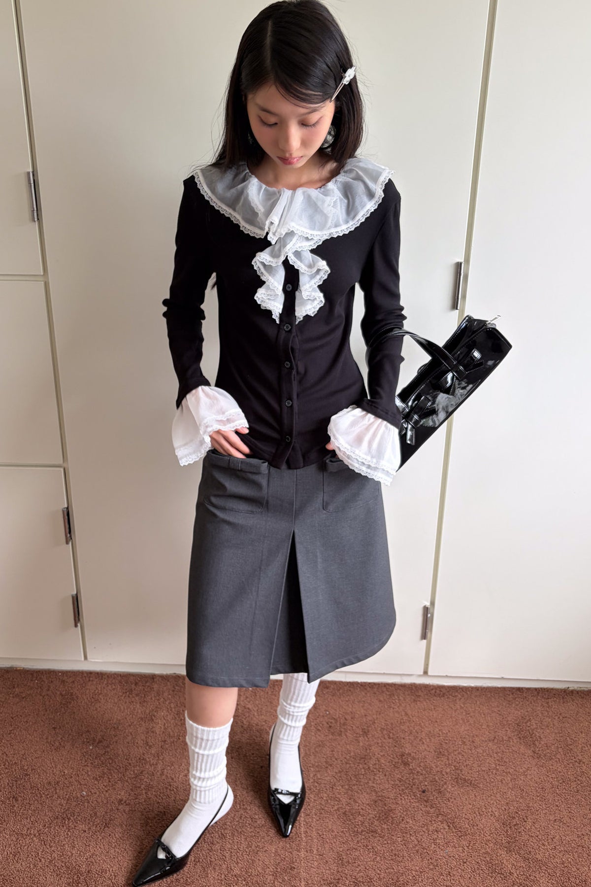 Gray Woolen Bow Pocket Skirt