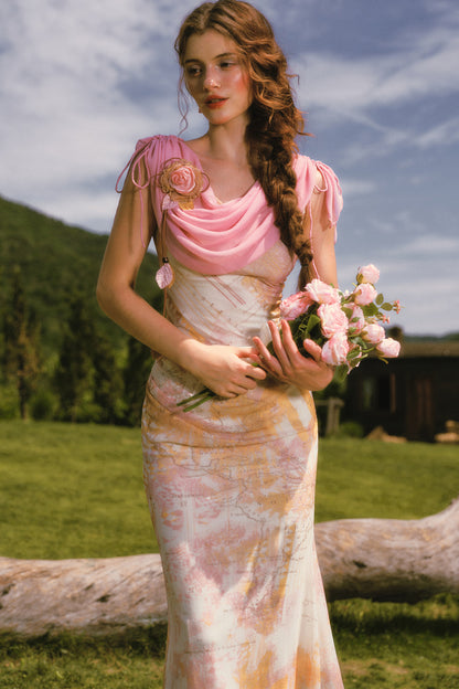 Long Floral Draped Collar Dress Set-Up