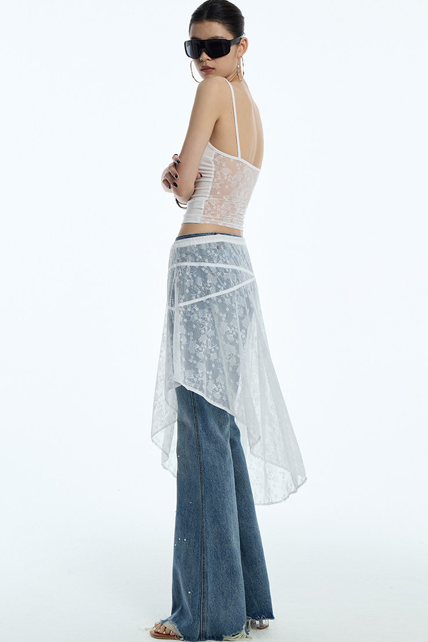 Sheer White Lace Side Ruffle Skirt
