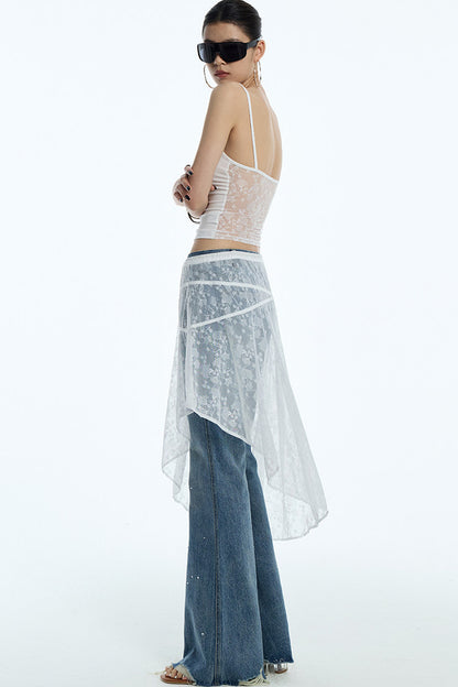 Sheer White Lace Side Ruffle Skirt