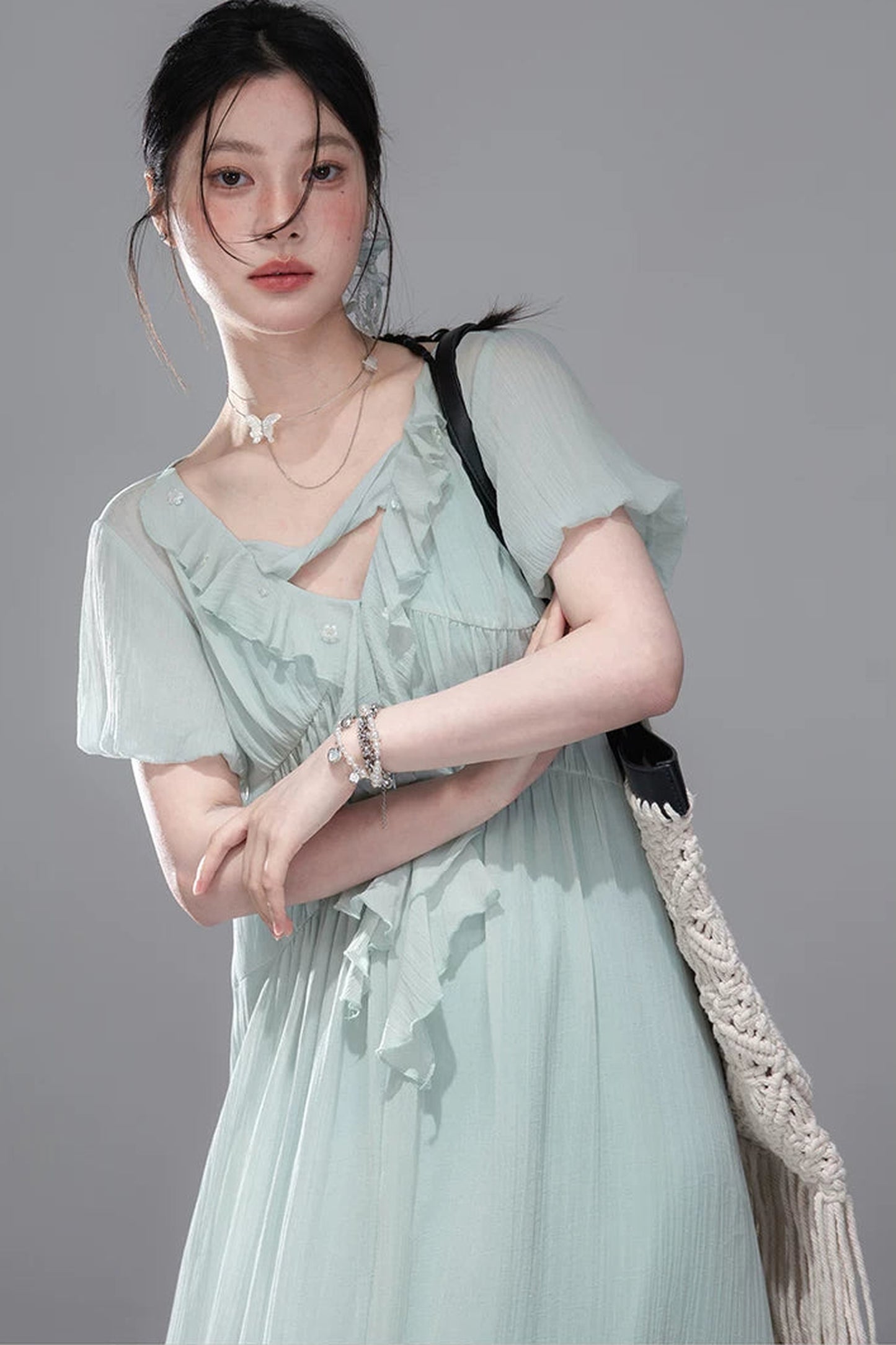 Lyocell Chiffon Puff Sleeve Dress