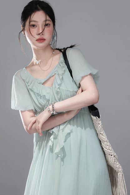 Lyocell Chiffon Puff Sleeve Dress