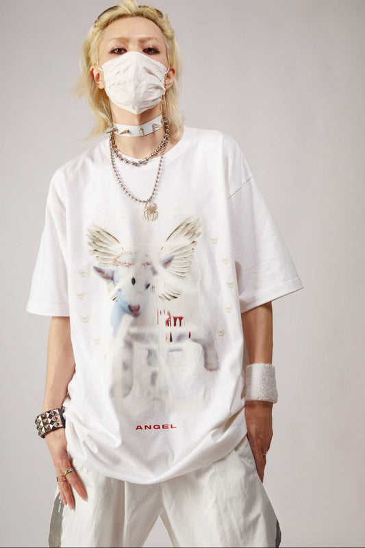 White Angel Print Cotton T-Shirt