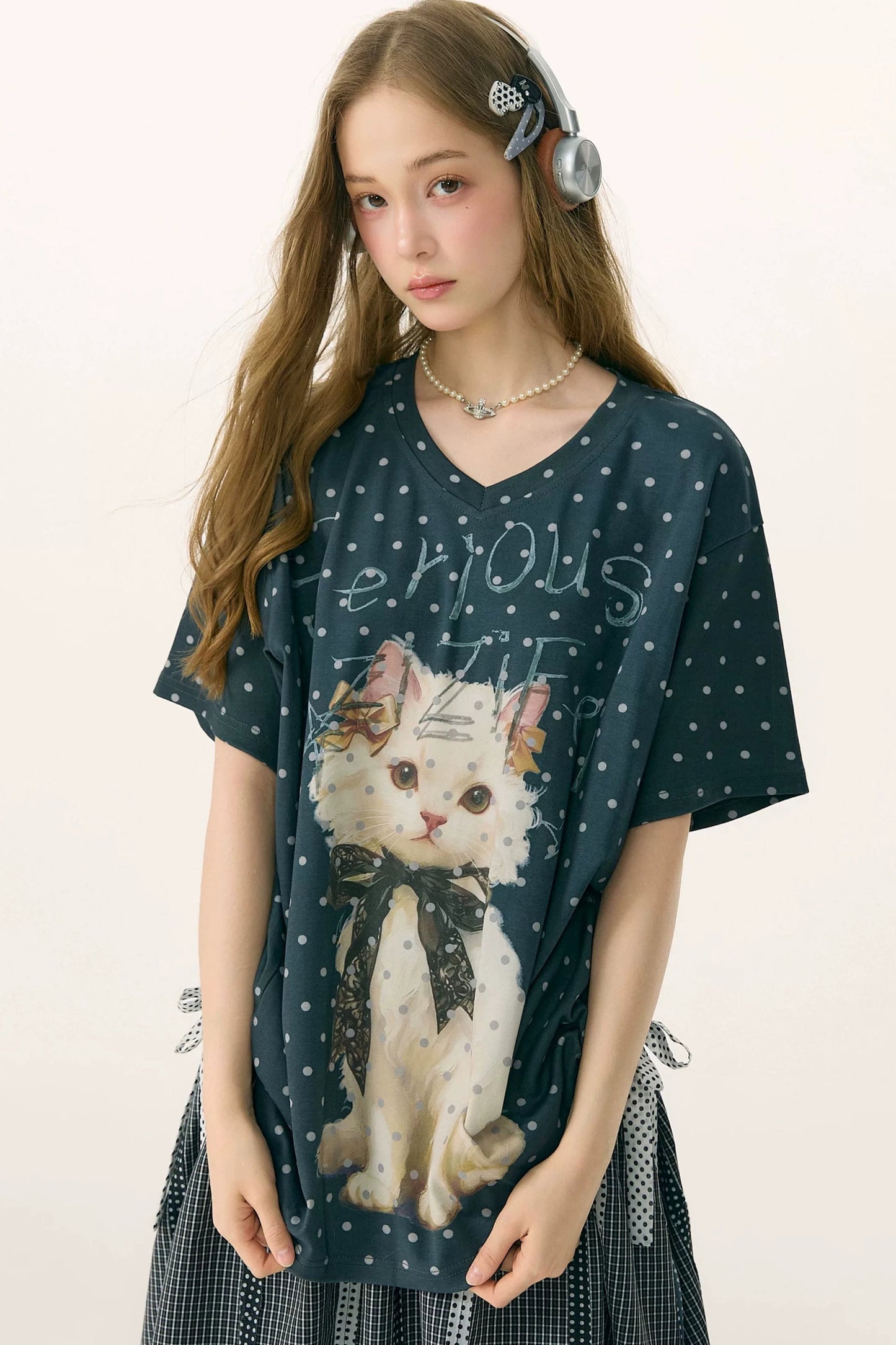 Polka Dot Cat V-Neck Blouse