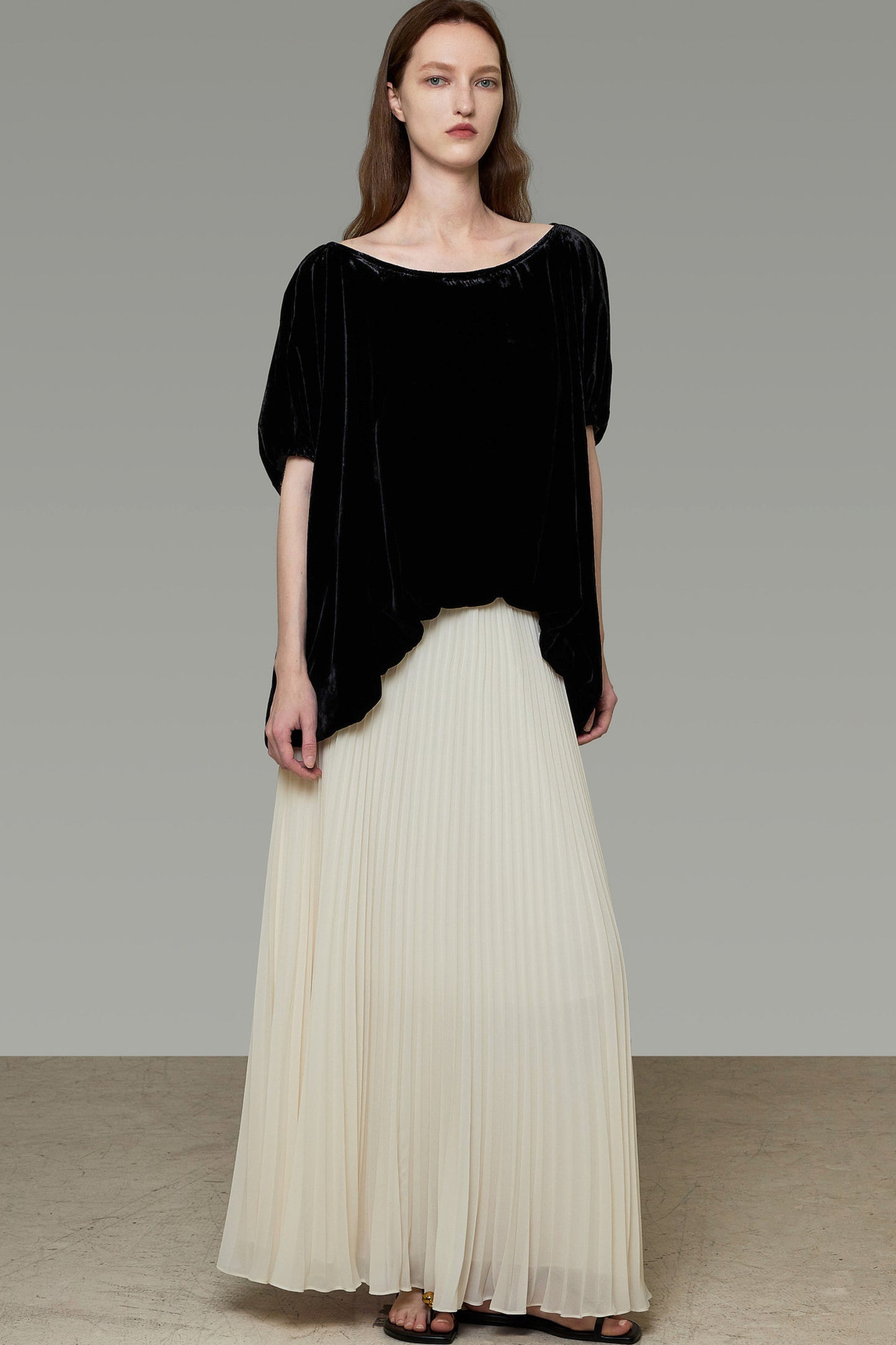 Black Velvet Top And Pleated Skirt Set