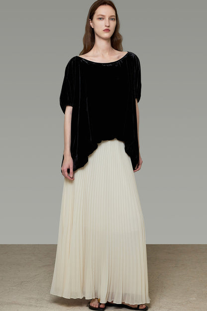 Black Velvet Top And Pleated Skirt Set