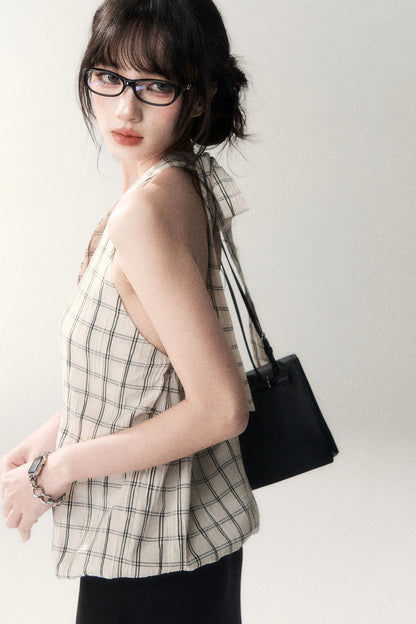 Textured Cotton Plaid Halter Camisole