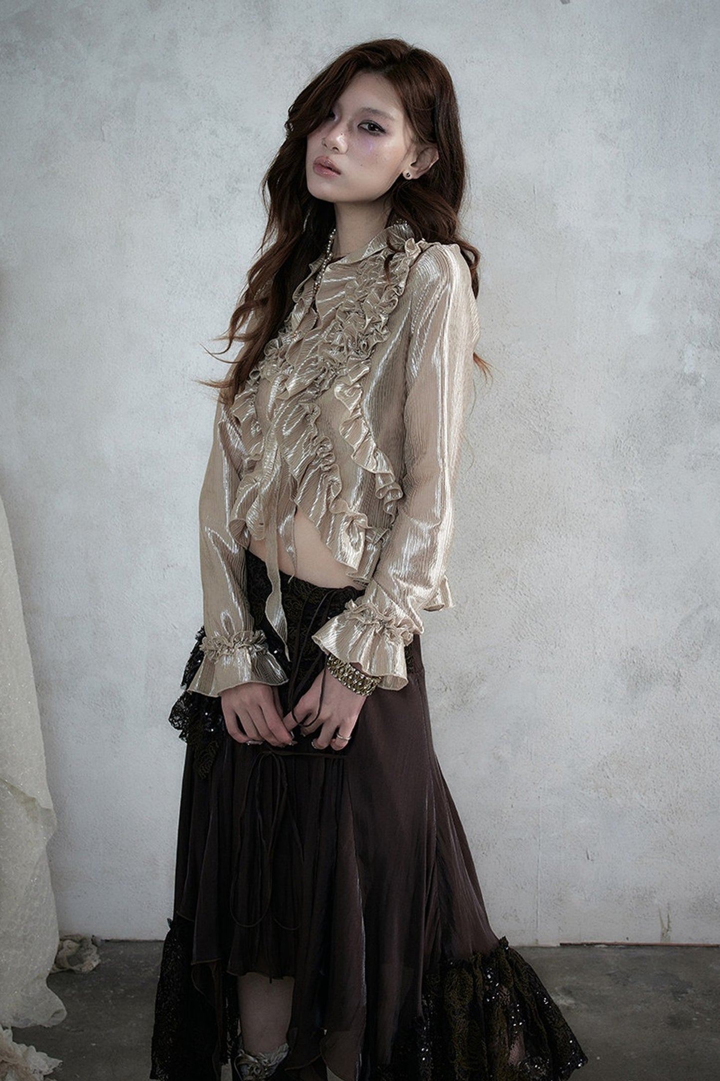 Ruffle Trim Tie Waist Long-Sleeved Blouse