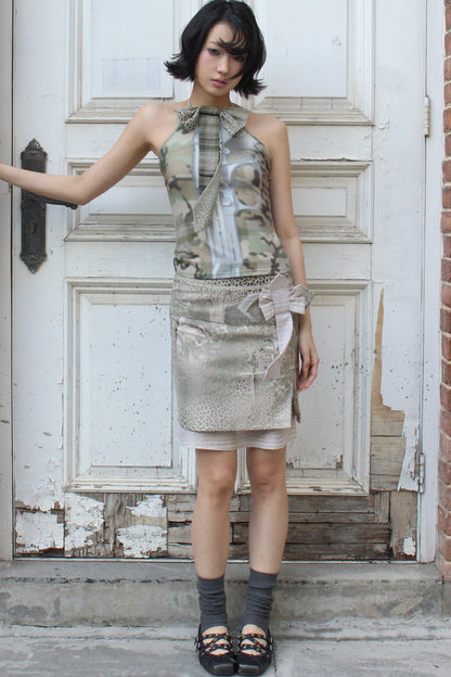 Cross Leopard Print Bow Double-Layer Midi Skirt