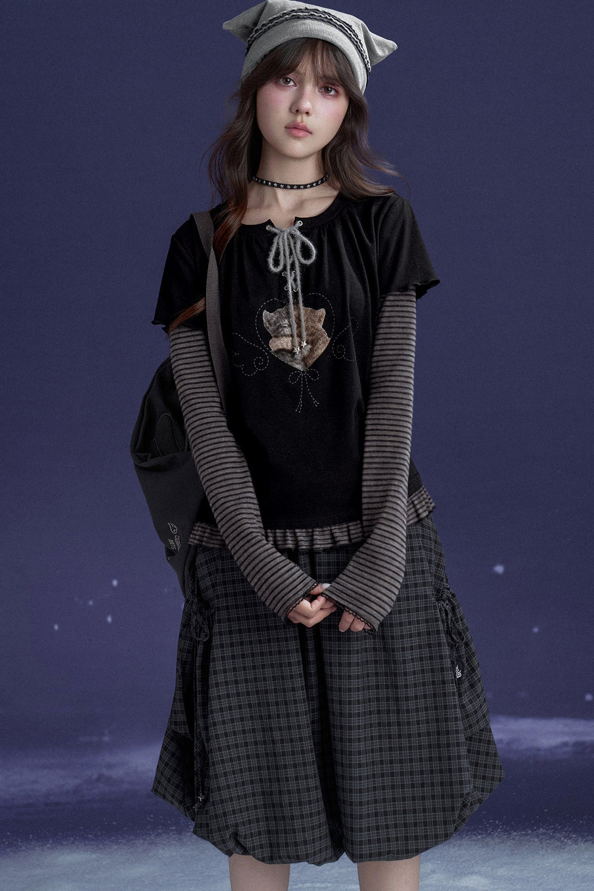 Black Striped Tie-Up Cat T-shirt