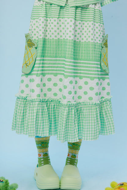 Plaid Polka Dot Collar Shirt and Skirt Set-Up