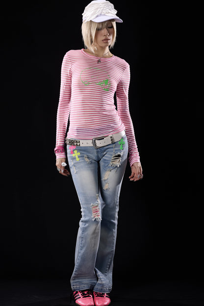 Skull Print Striped Long-Sleeve T-Shirt