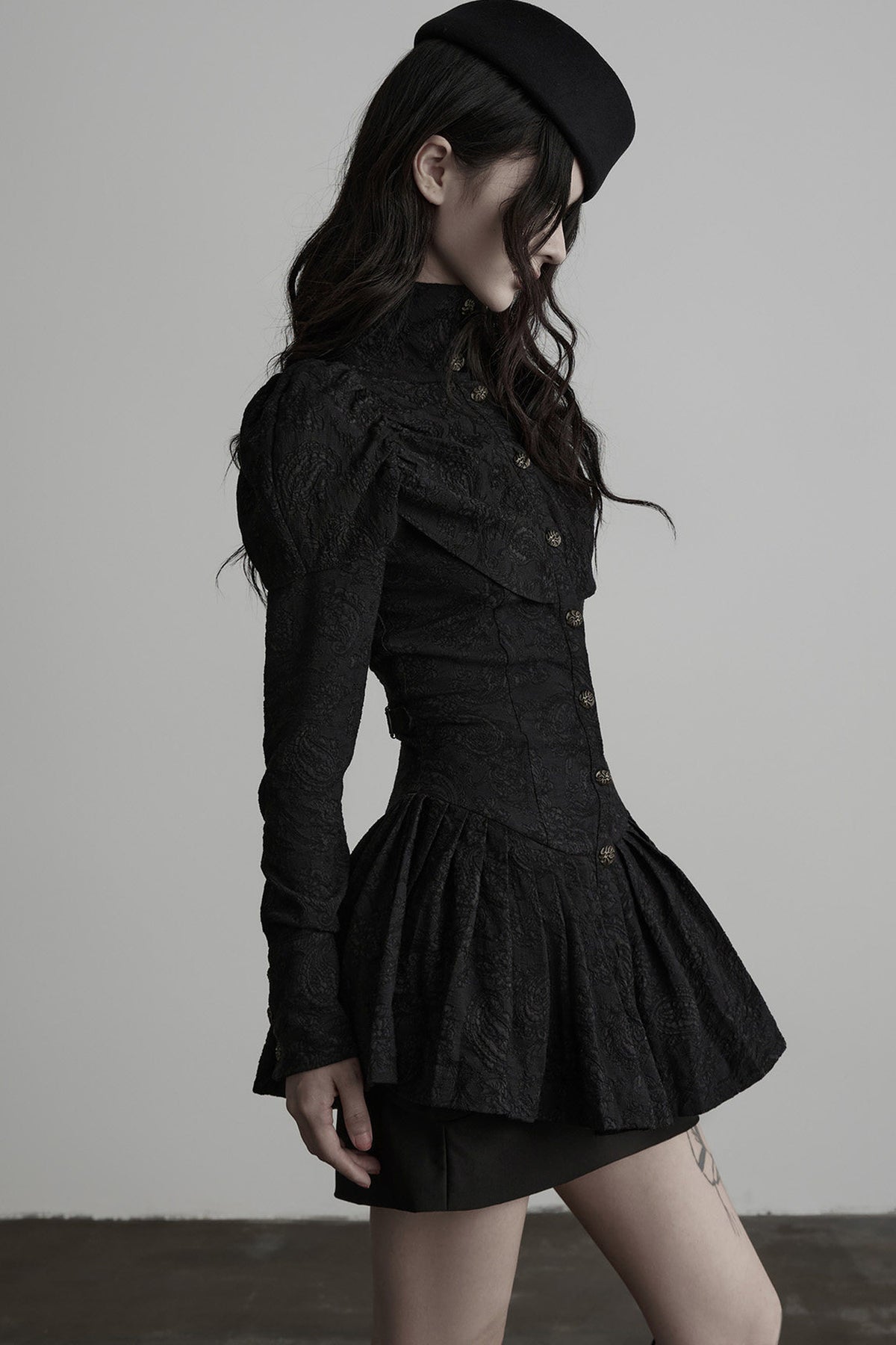 Jacquard Pleated Skirt-Style Hem Long-Sleeve Shirt