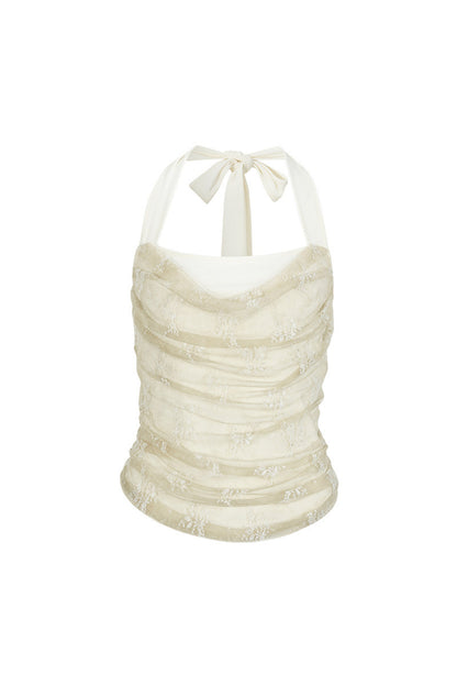 Doppellagiges trägerloses Drapé-Top mit Neckholder und Spitzen-Jacquard