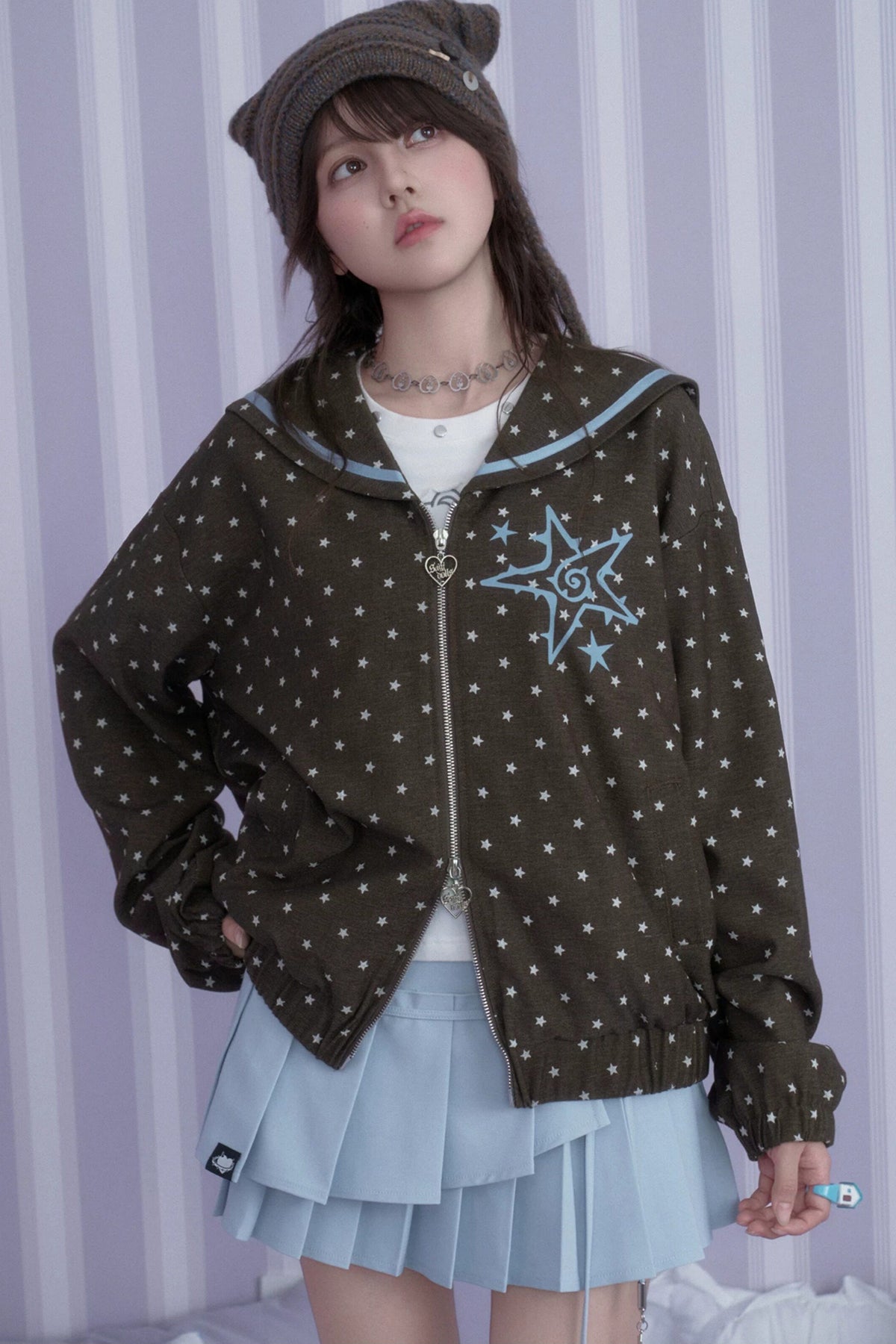 Brown Blue Swirl Star Navy Collar Jacket Set-Up