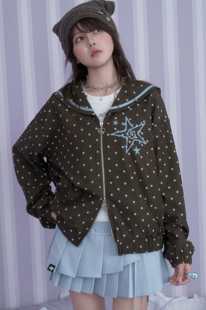 Brown Blue Swirl Star Navy Collar Jacket Set-Up