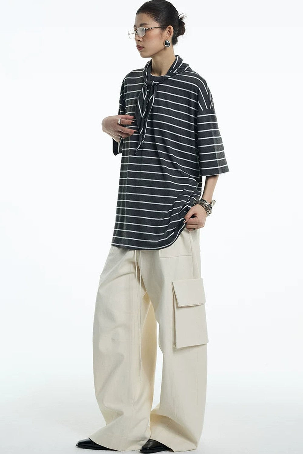 Oversize Gray White Striped Mid-Sleeve Tee