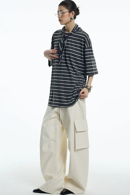 Oversize Gray White Striped Mid-Sleeve Tee