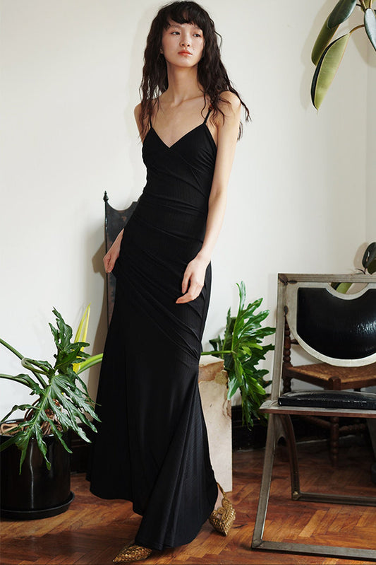 Black Ruched Strap Mermaid Dress