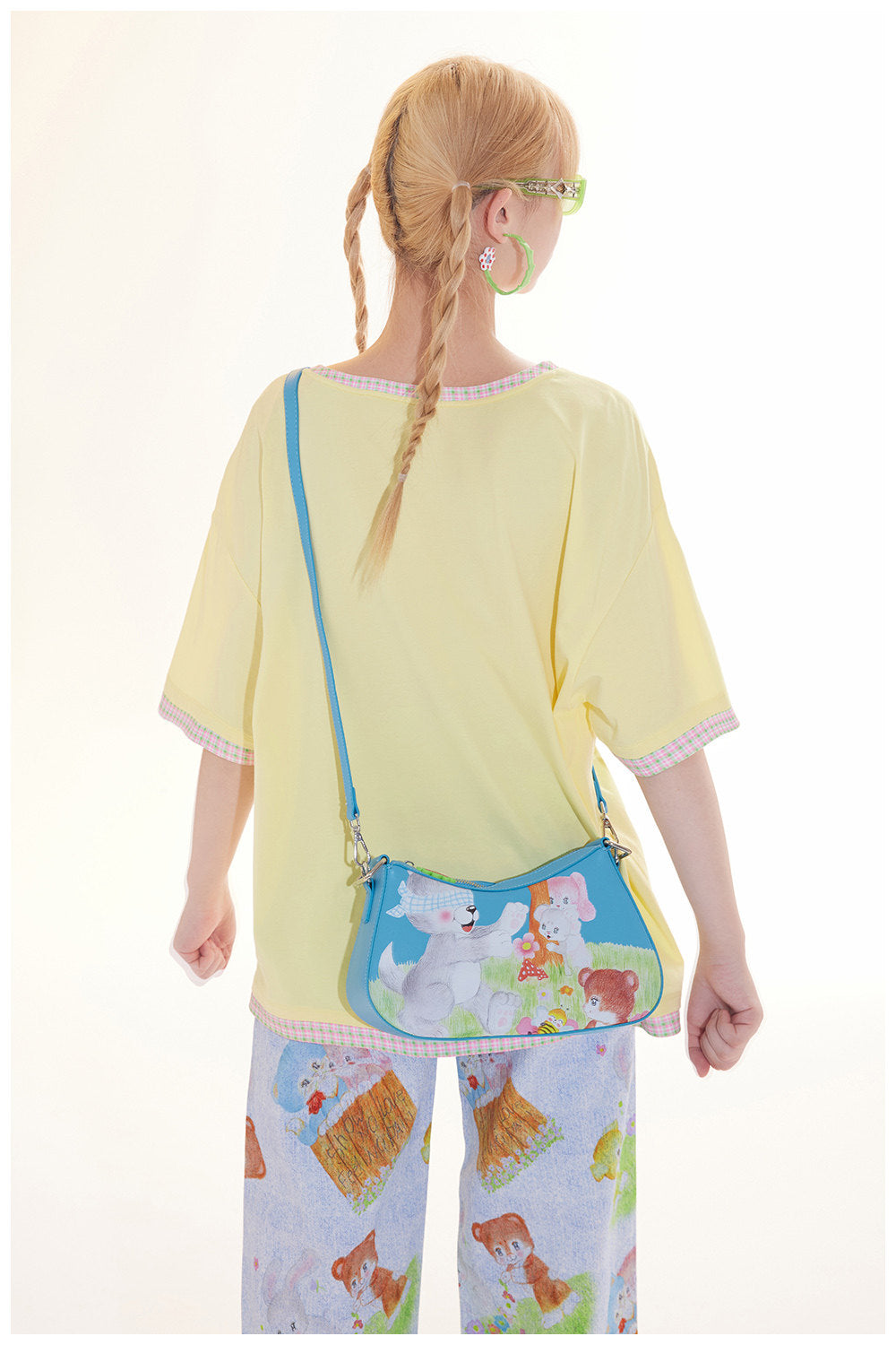 Blue Animal Illustration Flower Crossbody Bag