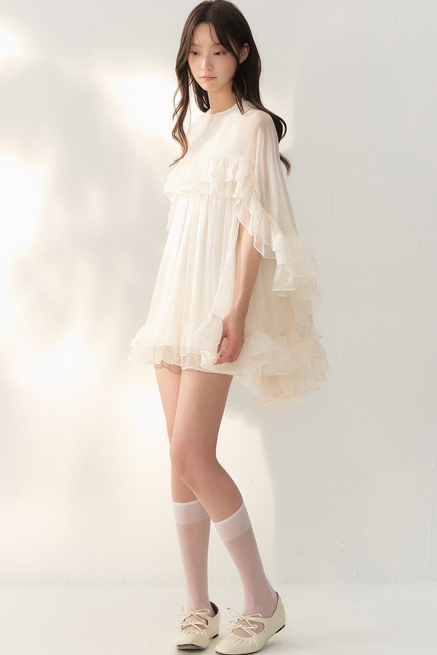 Beige Tulle Cape Ruffle Dress