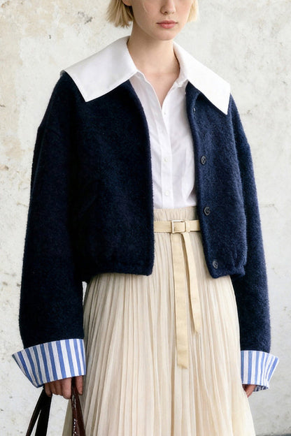 Collarless Woolen Jacket And Skirt Set-Up