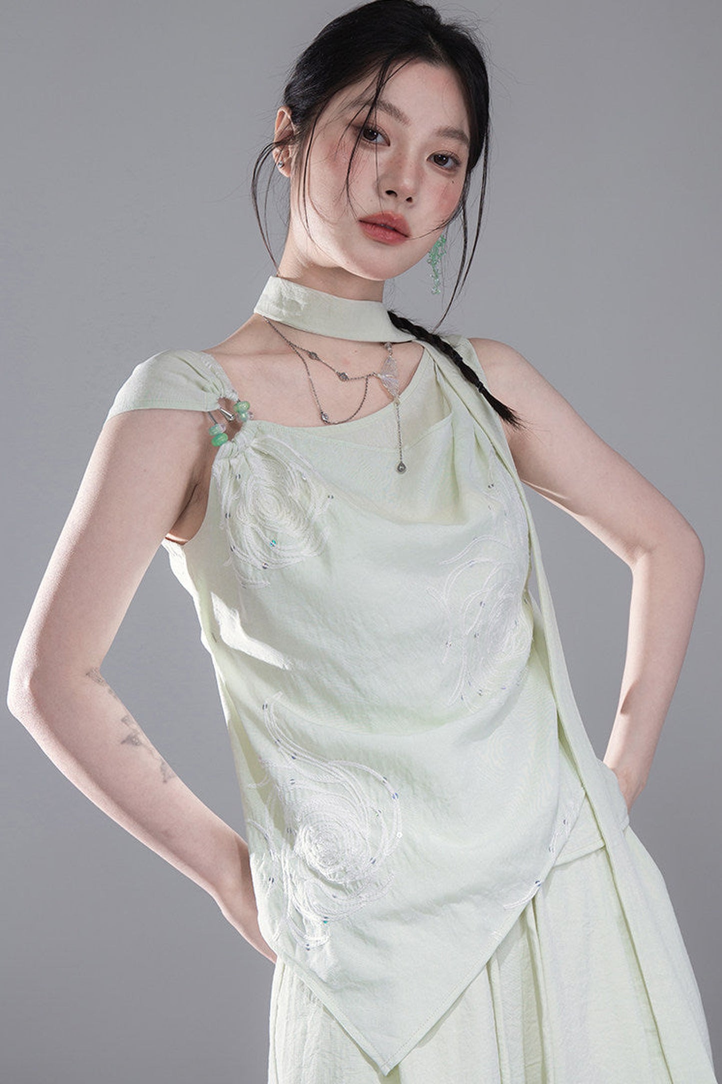 Green Sequin Ribbon Vest Set