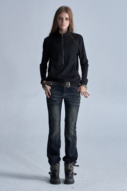Black Long-Sleeve Zipper Print T-Shirt