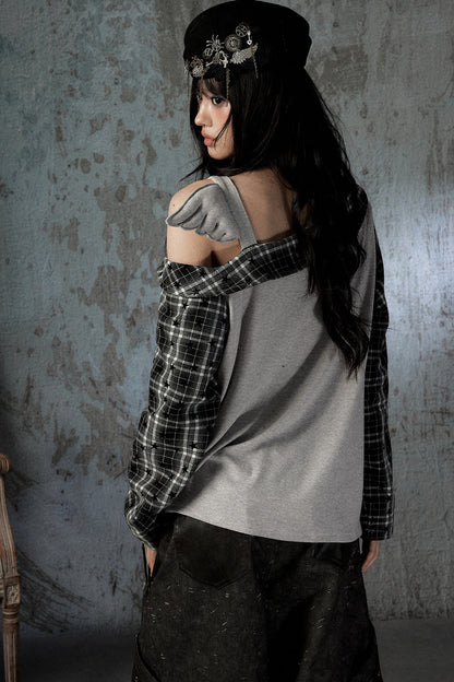 Plaid Wing Off-Shoulder Long-Sleeve T-Shirt