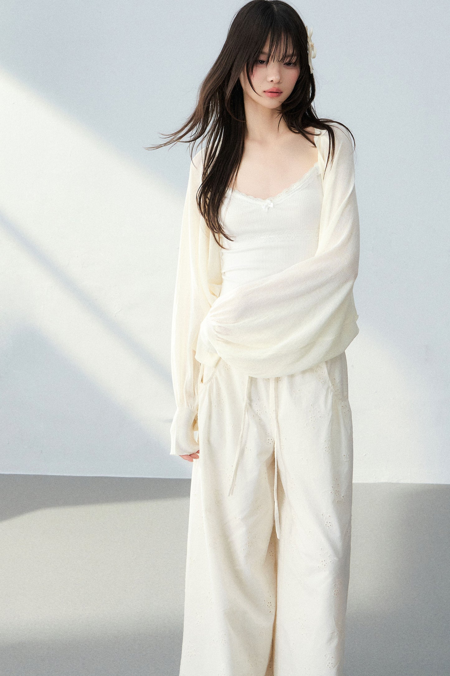 Batwing Cardigan & Camisole With Hollow Out Floral Pants Set-Up
